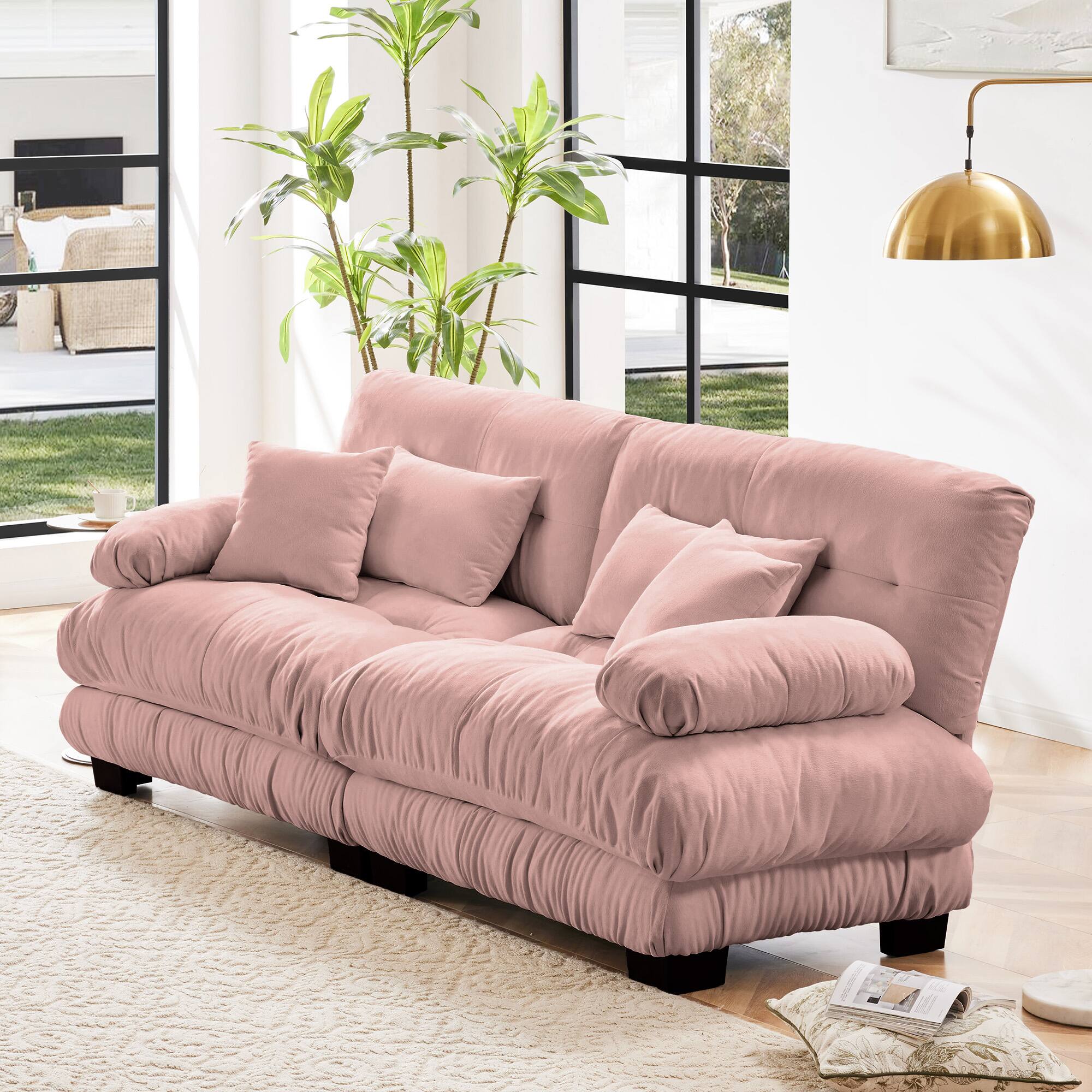 Front. Aukfa - Cloud Couch 2 Seater Sofa for Living Room - Chenille Fabric with 2 Lumbar Pillows and 2 Throw Pillows - Pink.