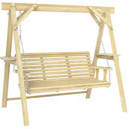 Outsunny - Seat Wooden Porch Swing with Stand, Patio Swing with Side Tables, for Garden, Poolside, Backyard - Natural Wood