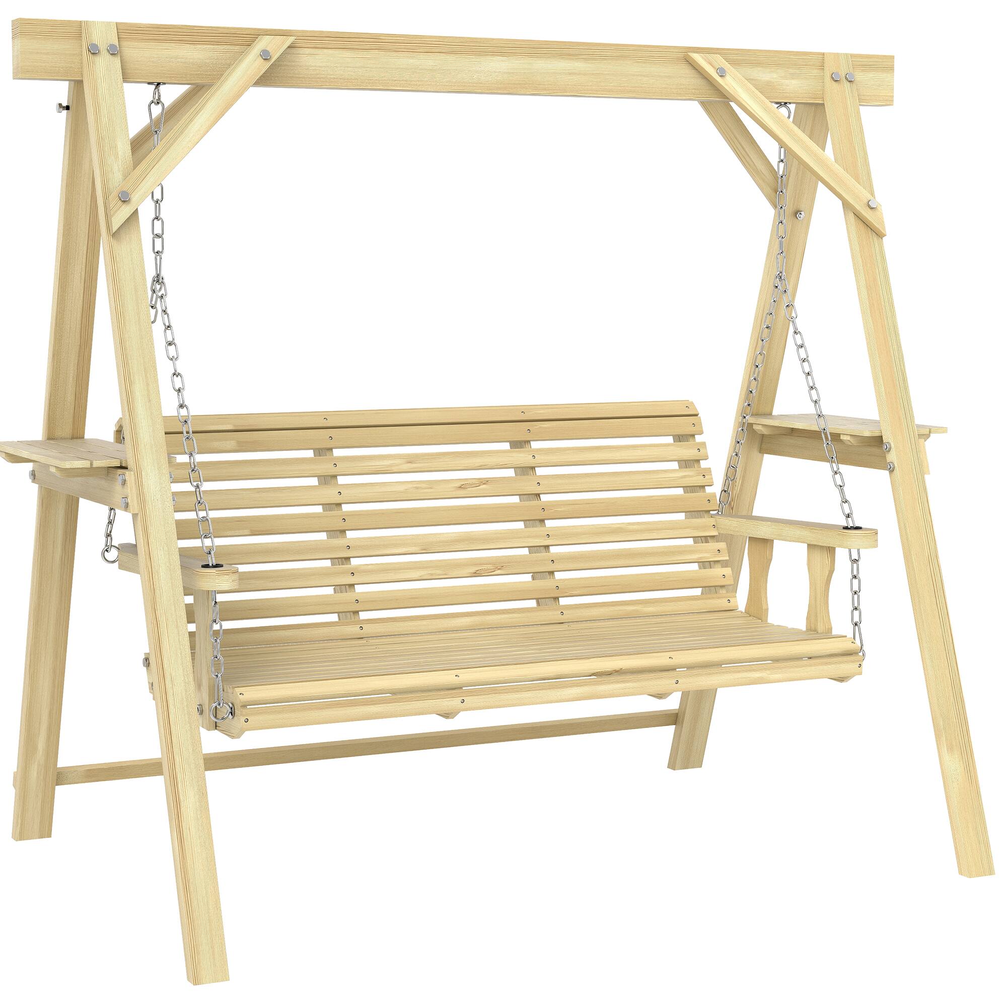 Outsunny - Seat Wooden Porch Swing with Stand, Patio Swing with Side Tables, for Garden, Poolside, Backyard - Natural Wood