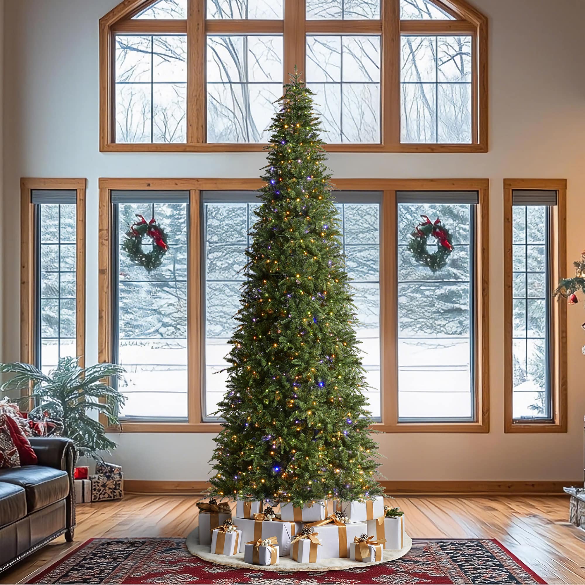 Glitzhome - 11ft Pre-Lit Slim Fir Artificial Christmas Tree with 850 Warm White/Multi-color LED Lights - Green