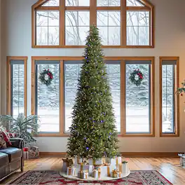 Glitzhome - 11ft Pre-Lit Slim Fir Artificial Christmas Tree with 850 Warm White/Multi-color LED Lights - Green
