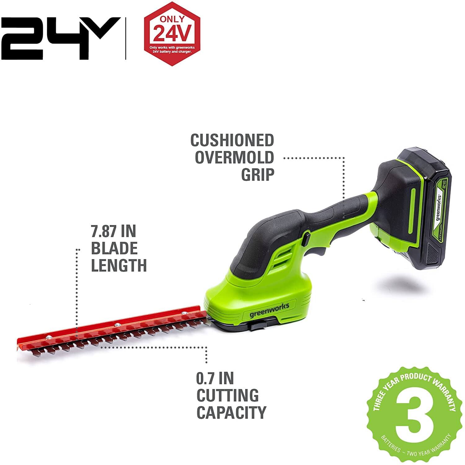 - ONLY 24V
- Works with Greenworks 24V battery and charger
- CUSHIONED OVERMOLD GRIP
- 7.87 IN BLADE LENGTH
- 0.7 IN CUTTING CAPACITY
- THREE YEAR PRODUCT WARRANTY
- BATTERIES - TWO YEAR WARRANTY
