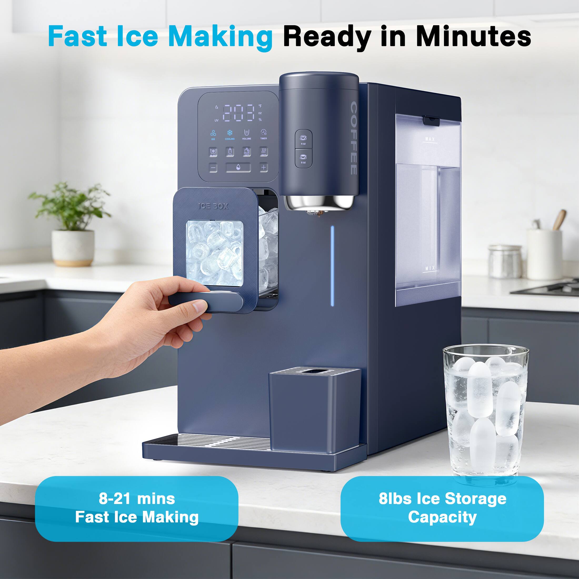 Fast Ice Making Ready in Minutes

8-21 mins Fast Ice Making

8lbs Ice Storage Capacity