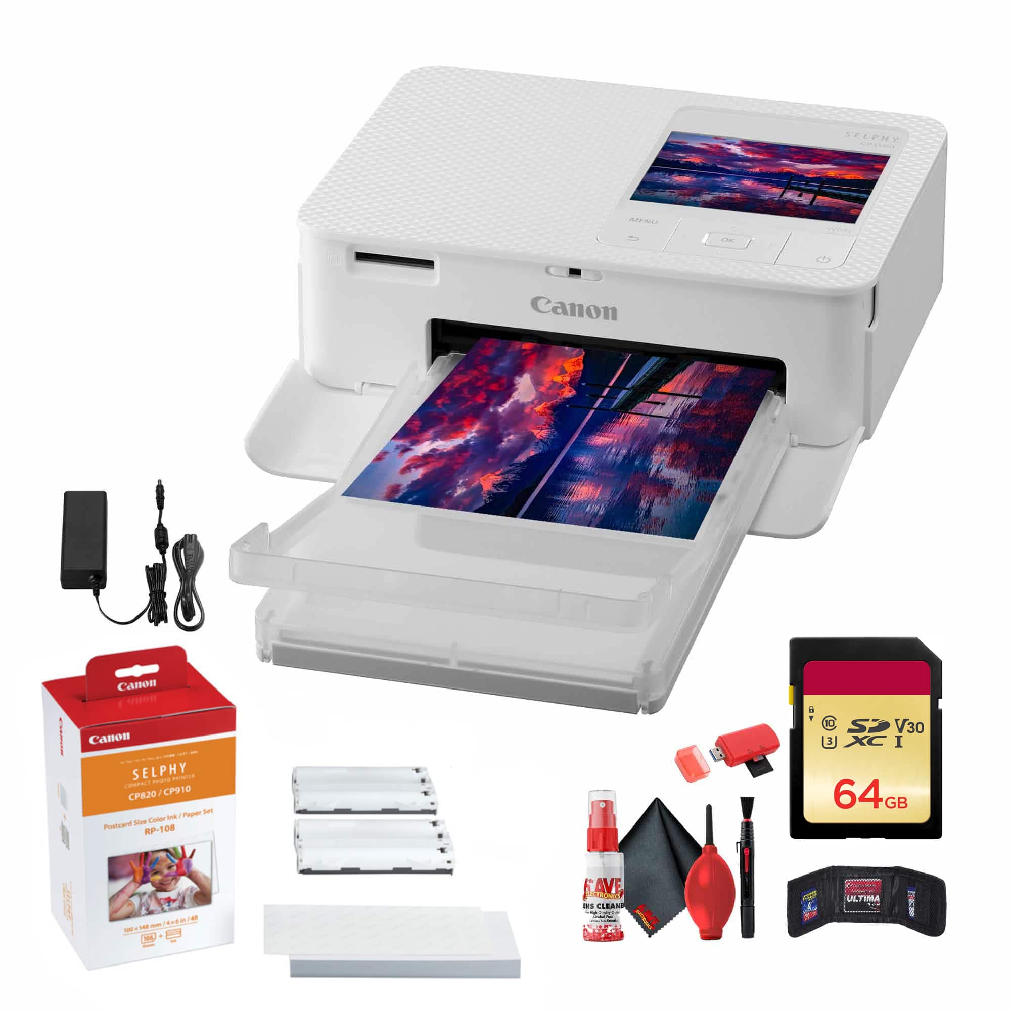 Canon - SELPHY CP1500 Compact Photo Printer + RP-108 Ink and Paper Set + 64GB Card + Cleaning Kit + More - White