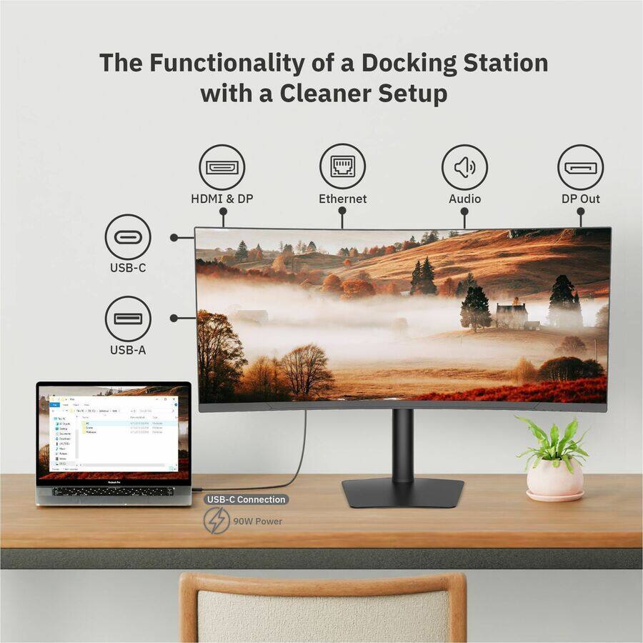 The Functionality of a Docking Station with a Cleaner Setup

- HDMI & DP
- Ethernet
- Audio
- DP Out
- USB-C
- USB-A
- USB-C Connection
- 90W Power