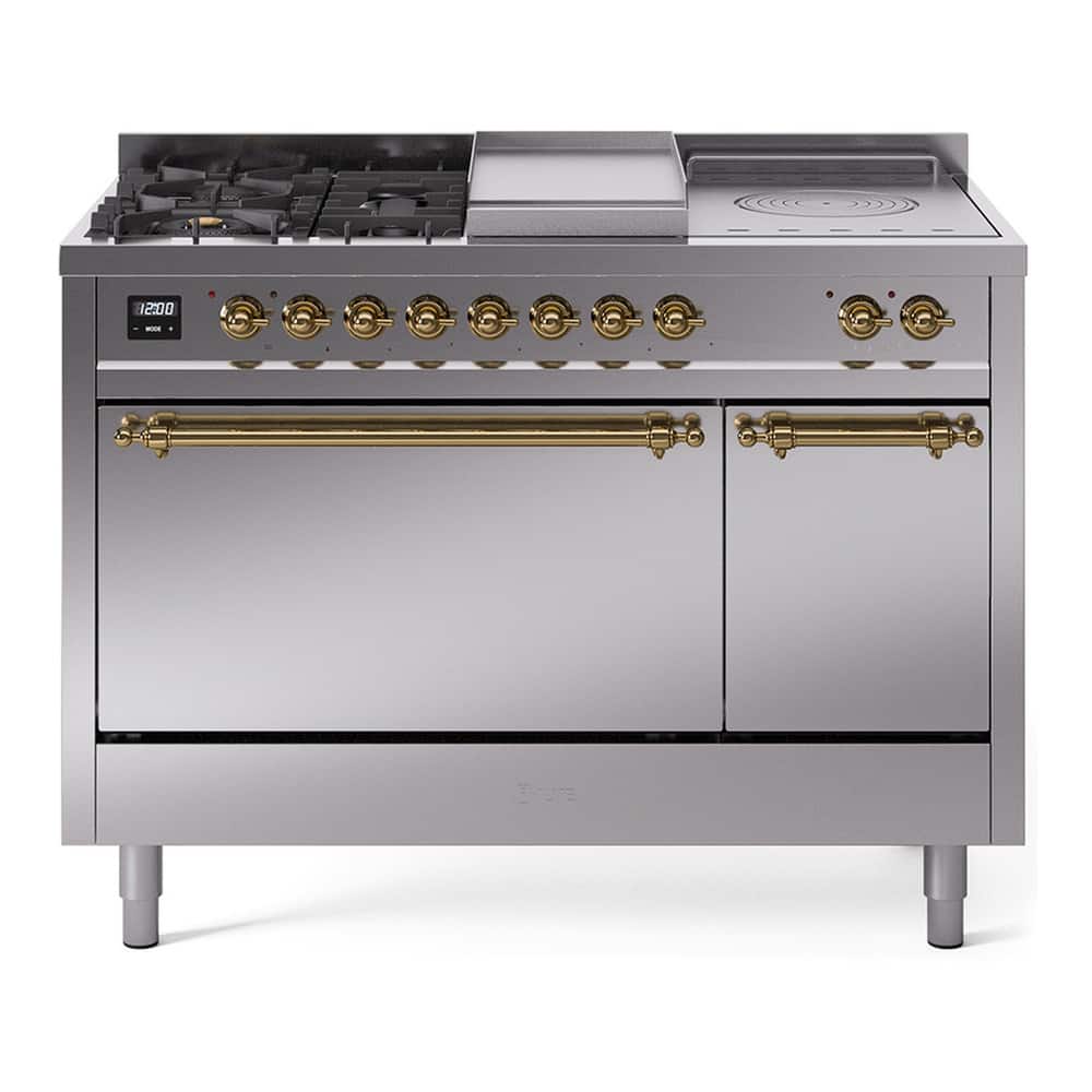 ILVE - Nostalgie II 48 inch Dual Fuel Range with 5 Burners + Griddle (Liquid Propane, Stainless Steel, Brass Trim) - Stainless Steel