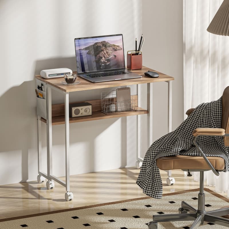 Anysun - 31.5" Folding Computer Desk with Storage Bag, Shelf & Wheels, Space-Saving Mobile Desk for Home Office or Small Spaces - Natural Wood