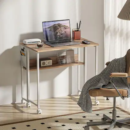 Front. Anysun - 31.5" Folding Computer Desk with Storage Bag, Shelf & Wheels, Space-Saving Mobile Desk for Home Office or Small Spaces - Natural Wood.