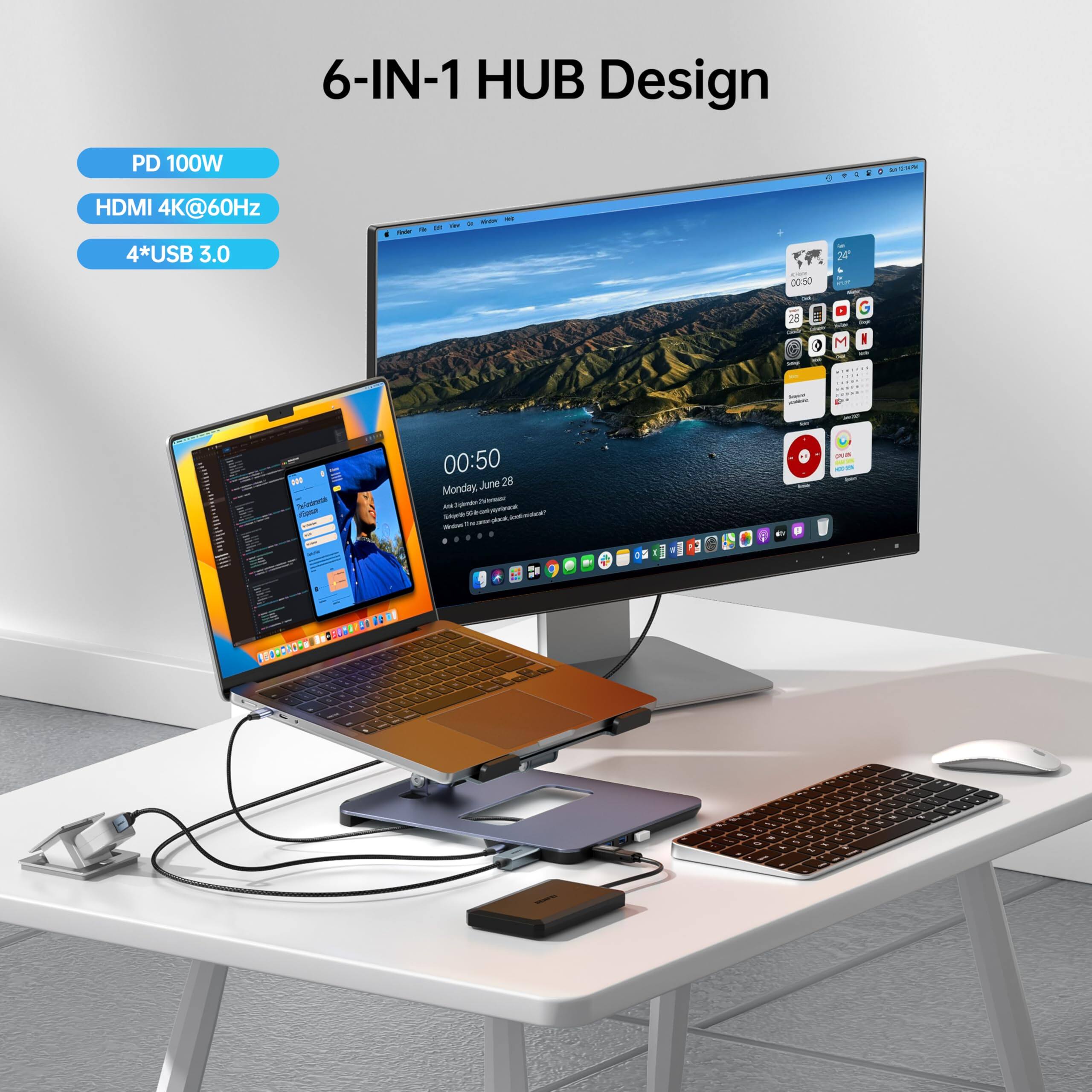 6-IN-1 HUB Design  
PD 100W  
HDMI 4K@60Hz  
4*USB 3.0  

00:50  
Monday, June 28  

23  
24  
M  
C  
I  

V  
Fa  

Sure  

P  
I  
S  
E  

Bed