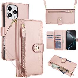 Dteck - Crossbody Zipper Wallet Case for Apple iPhone 16 Pro,Faux Leather Magnetic Closure Flip Credit Card Holder Cover - Rosegold