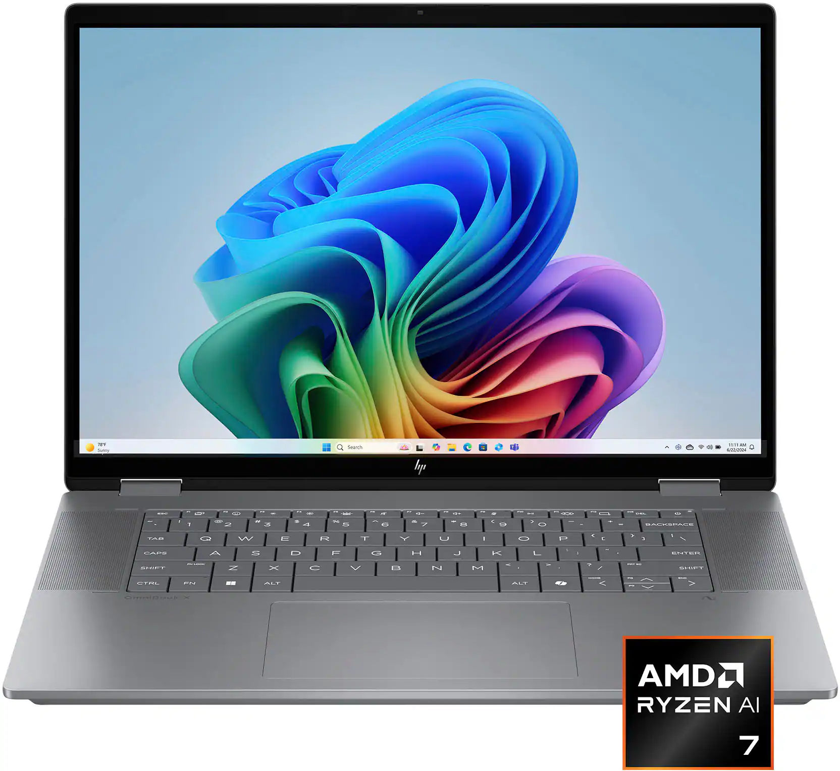 The image features a laptop computer with a colorful background displayed on the screen. The laptop is made by AMD and has a Ryzen AI processor. The laptop is open and ready for use, with a keyboard and touchpad visible on the bottom half of the device. The colorful background on the screen adds a vibrant touch to the overall appearance of the laptop.