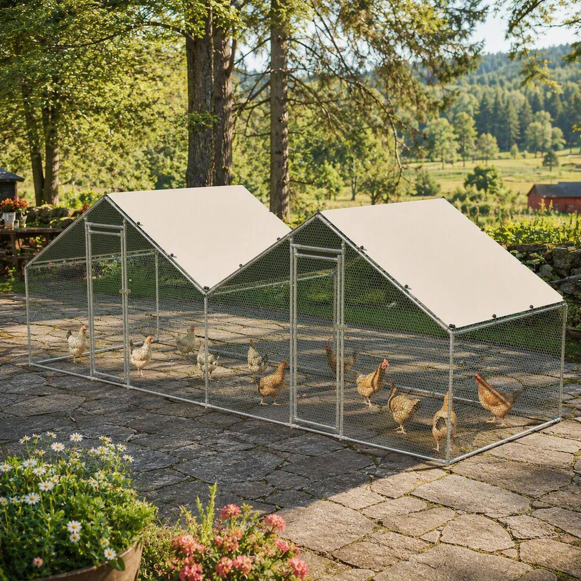 Angle. RYHNUYNE - Walk-In Chicken Coop 6x20 ft Metal Poultry Cage, Dual-Zone Design & Weatherproof Double Peak Roof.