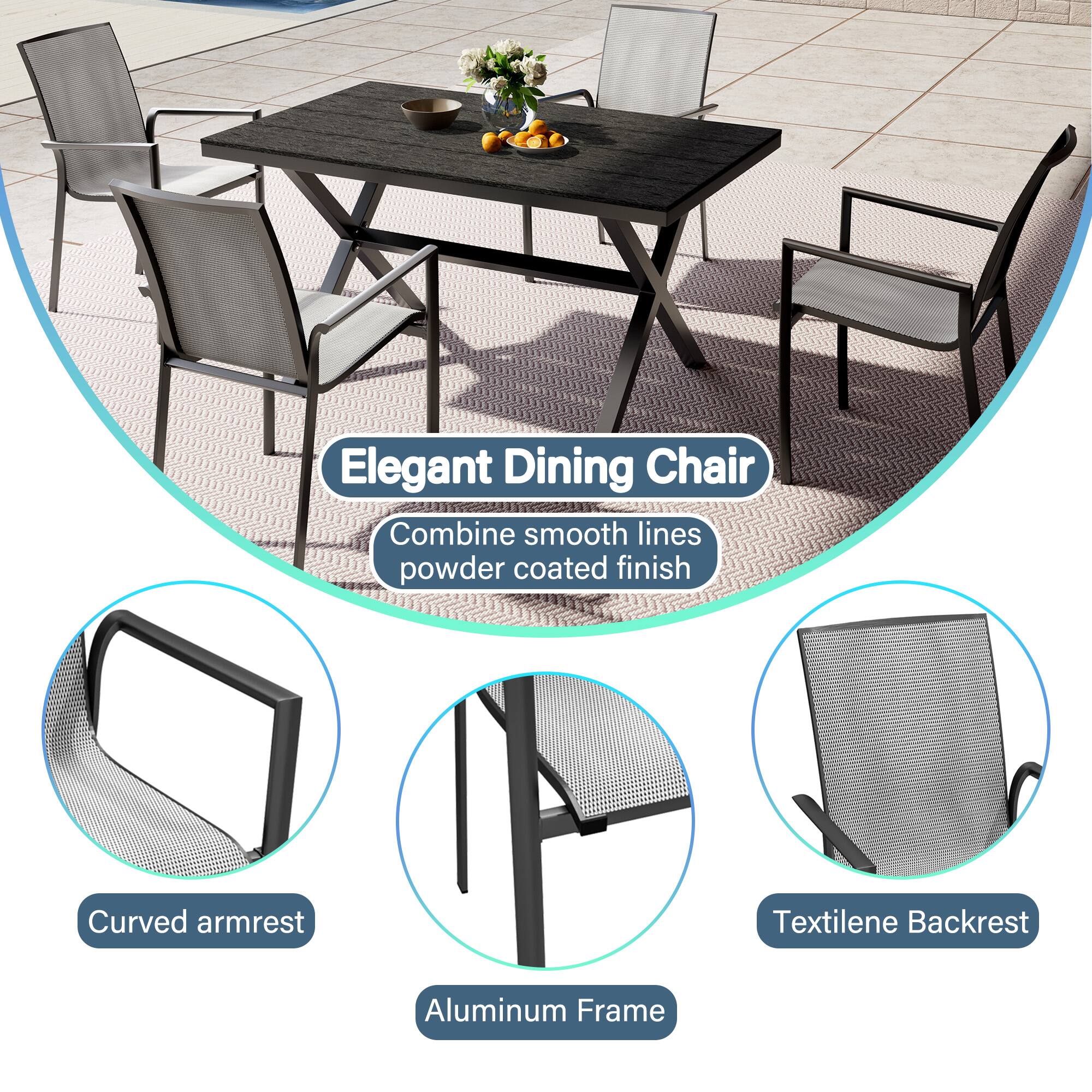 Elegant Dining Chair

Combine smooth lines powder coated finish

Curved armrest

Textilene Backrest

Aluminum Frame