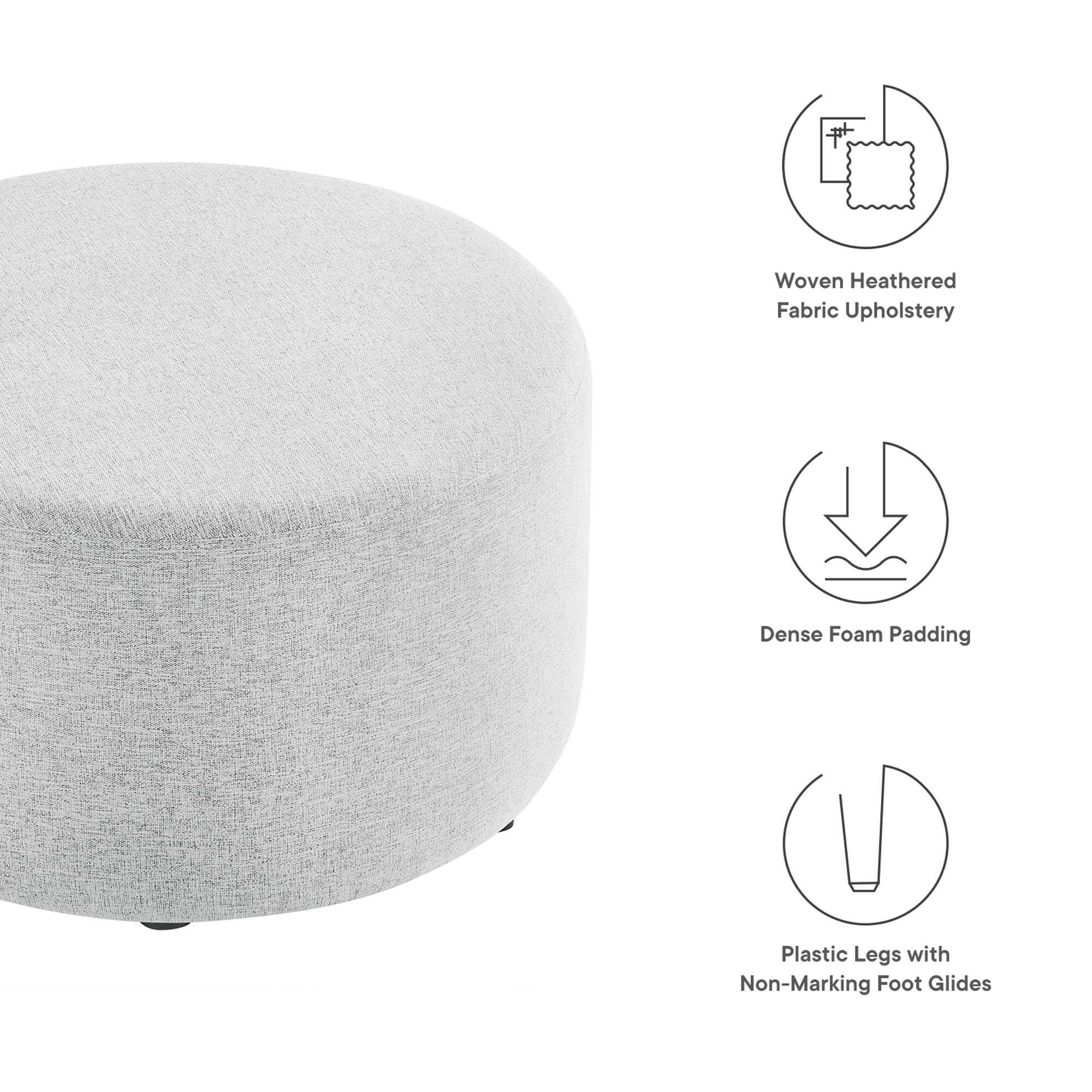 - Woven Heathered Fabric Upholstery
- Dense Foam Padding
- Plastic Legs with Non-Marking Foot Glides