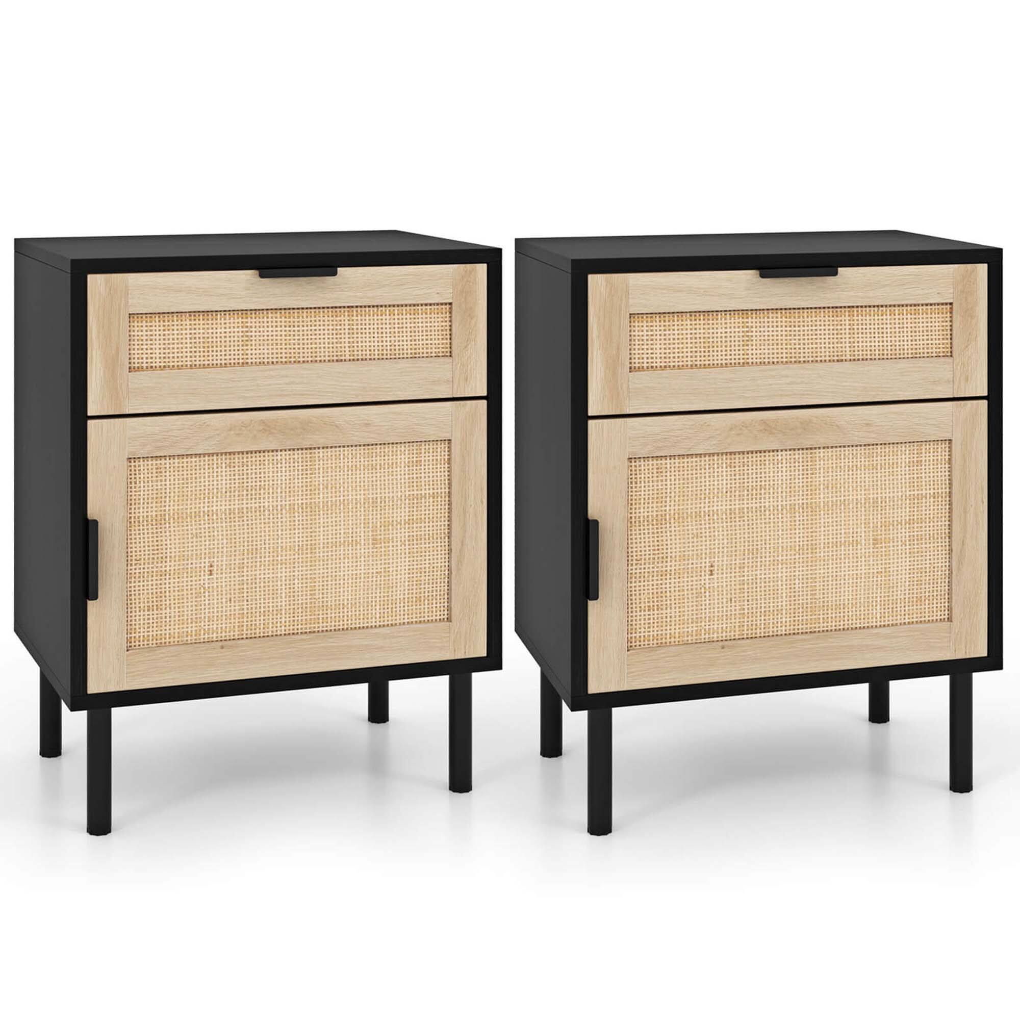Angle. Costway - Costway Rattan Nightstand Set of 2 Mid Century Modern End Table with Drawer & Cabinet - Black,Natural.