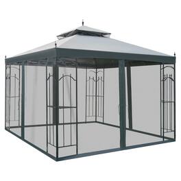 Outsunny - 10' x 10' Patio Gazebo with Corner Frame Shelves, Double Roof Outdoor Gazebo Canopy Shelter with Netting - Gray