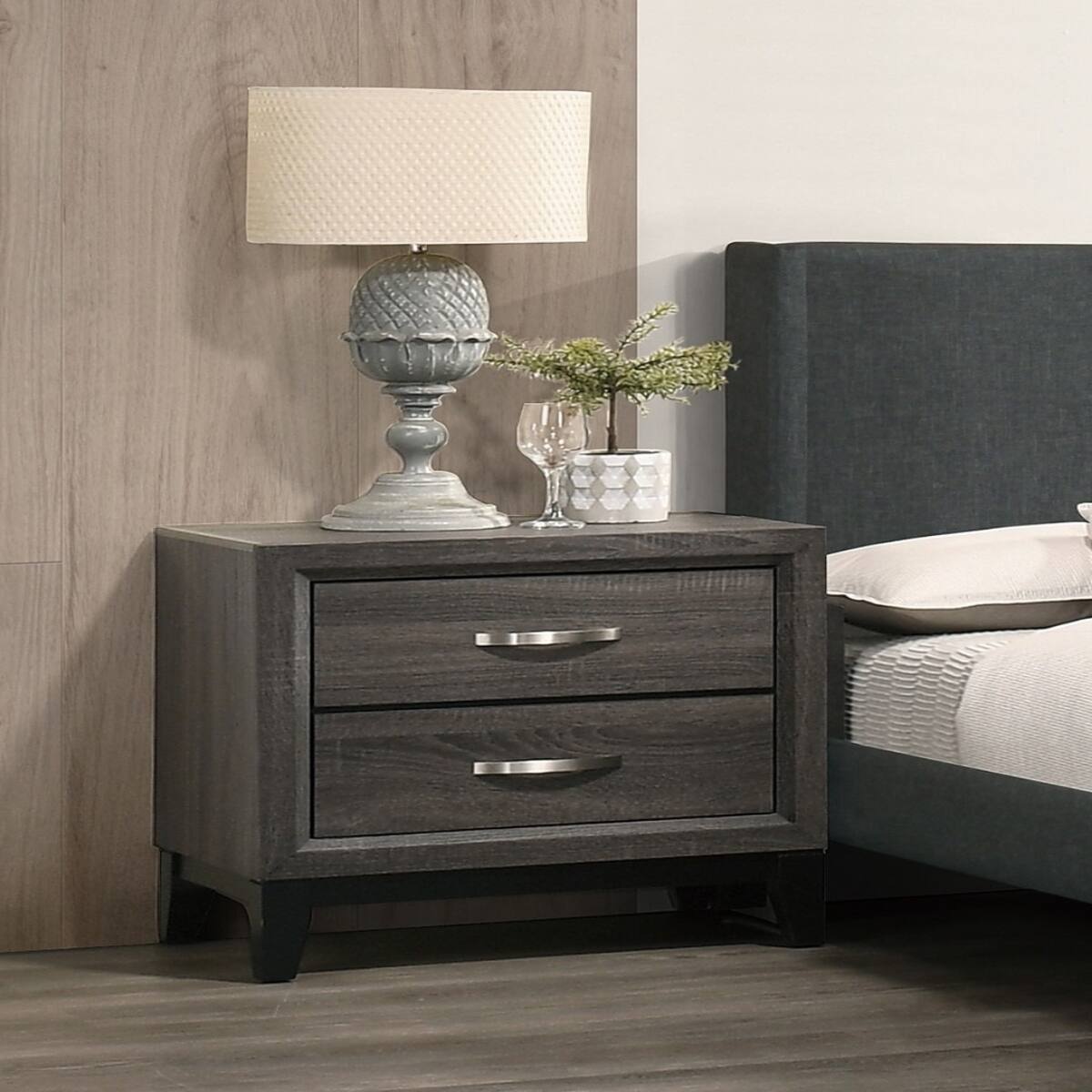 Back. Loheer - Loheer Rustic Gray Oak Nightstand, Two Drawer Bedside Cabinet for Modern Bedrooms - Gray.