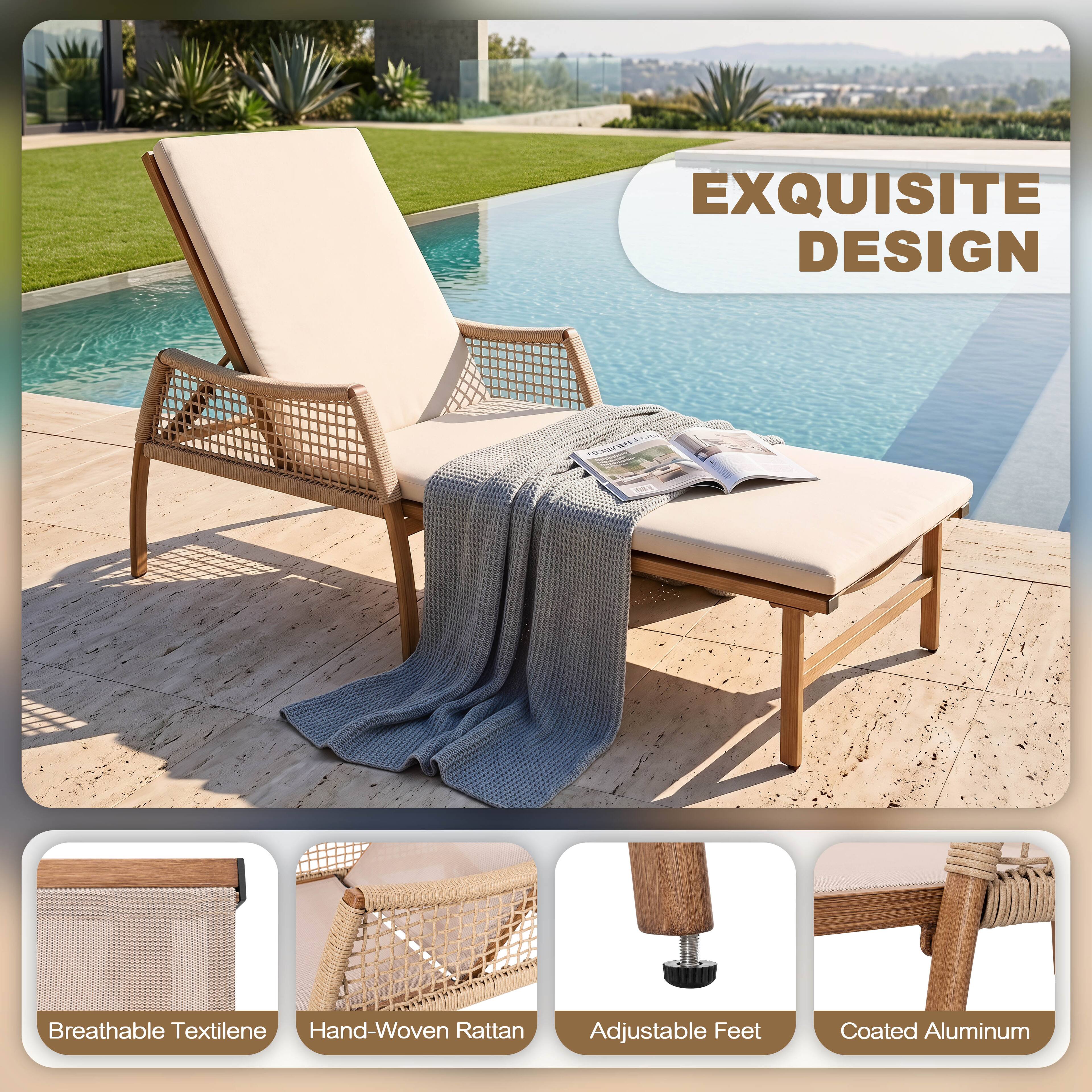 EXQUISITE DESIGN

- Breathable Textilene
- Hand-Woven Rattan
- Adjustable Feet
- Coated Aluminum