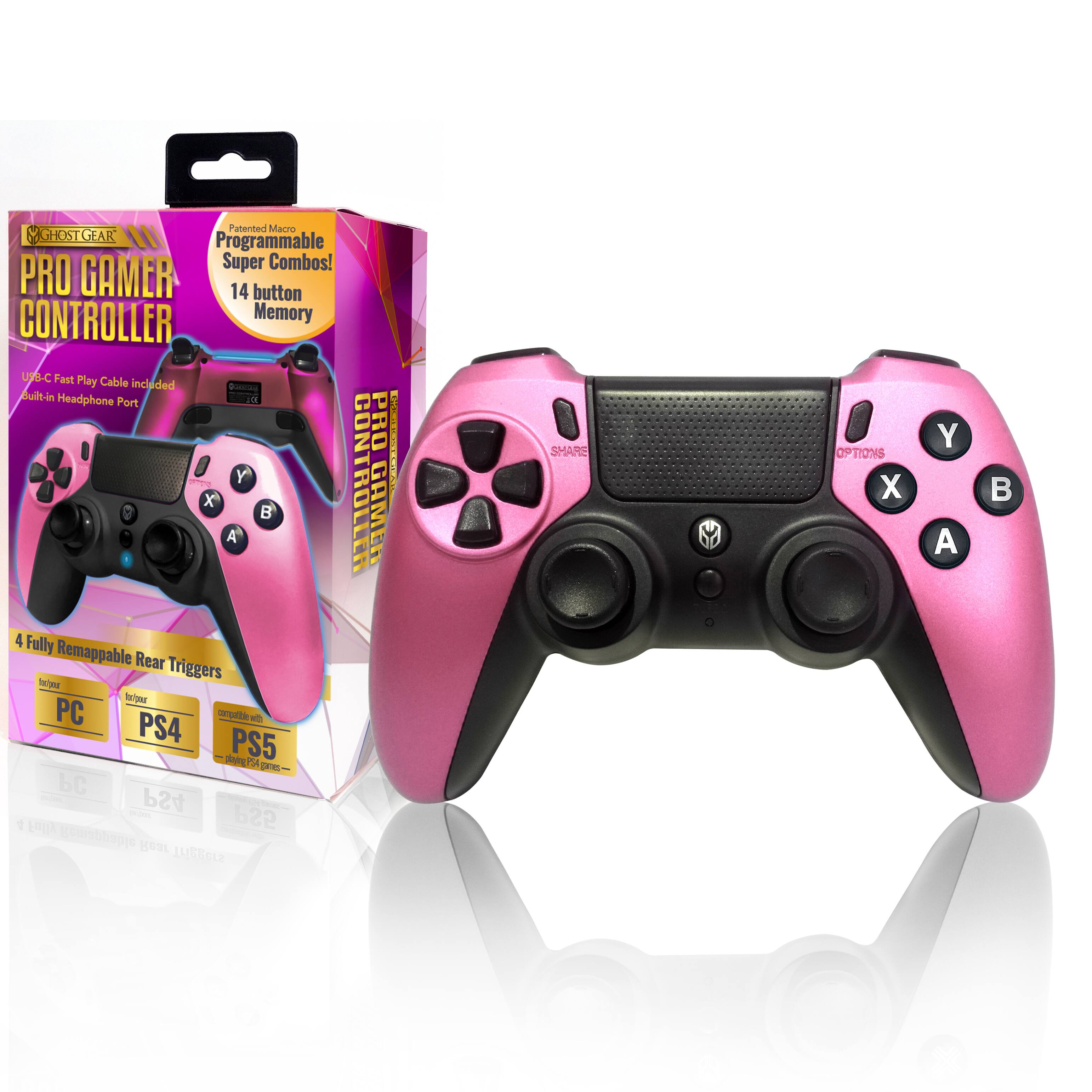 **Ghost Gear Pro Gamer Controller**

- Patented Macro Programmable Super Combos!
- 14 button Memory
- USB-C Fast Play Cable included
- Built-in Headphone Port
- 4 Fully Remappable Rear Triggers
- Compatible with PC, PS4, PS5

**Features:**
- 14 button Memory
- USB-C Fast Play Cable included
- Built-in Headphone Port
- 4 Fully Remappable Rear Triggers
- Compatible with PC, PS4, PS5

**Controller Layout:**
- X, Y, A, B buttons
- Options, Share, PS buttons
- Dual analog sticks
- Directional pad
- Remappable rear triggers