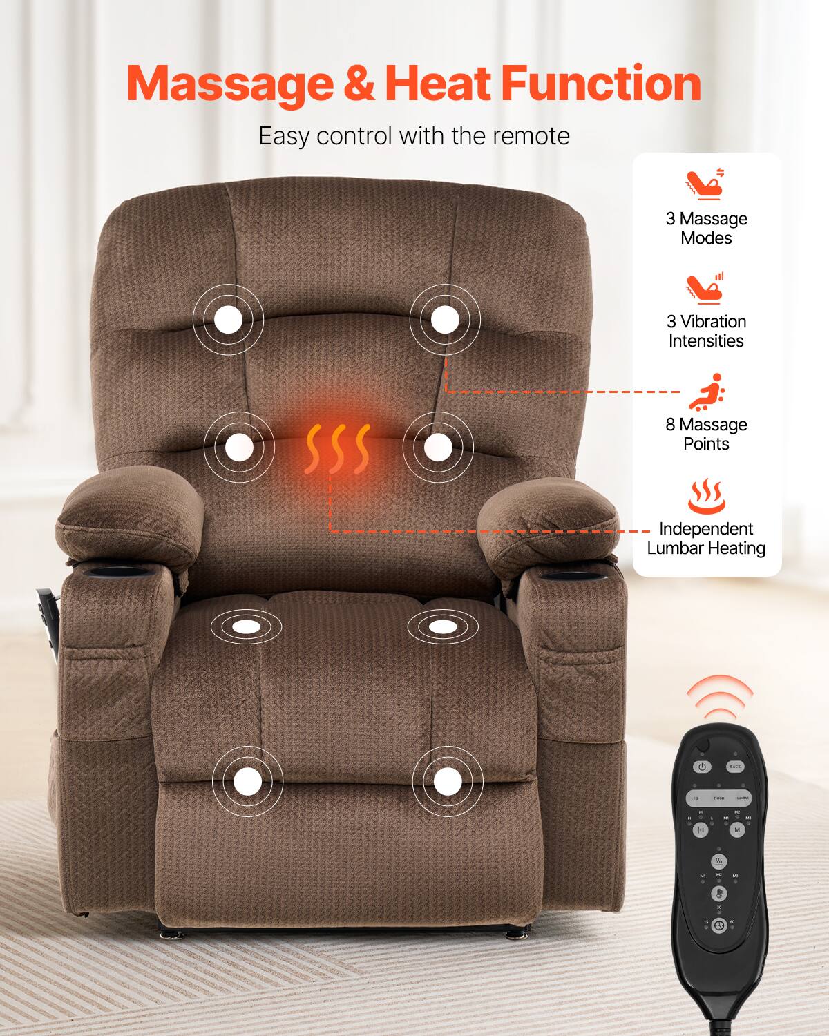Massage & Heat Function  
Easy control with the remote  

3 Massage Modes  
3 Vibration Intensities  
8 Massage Points  
Independent Lumbar Heating