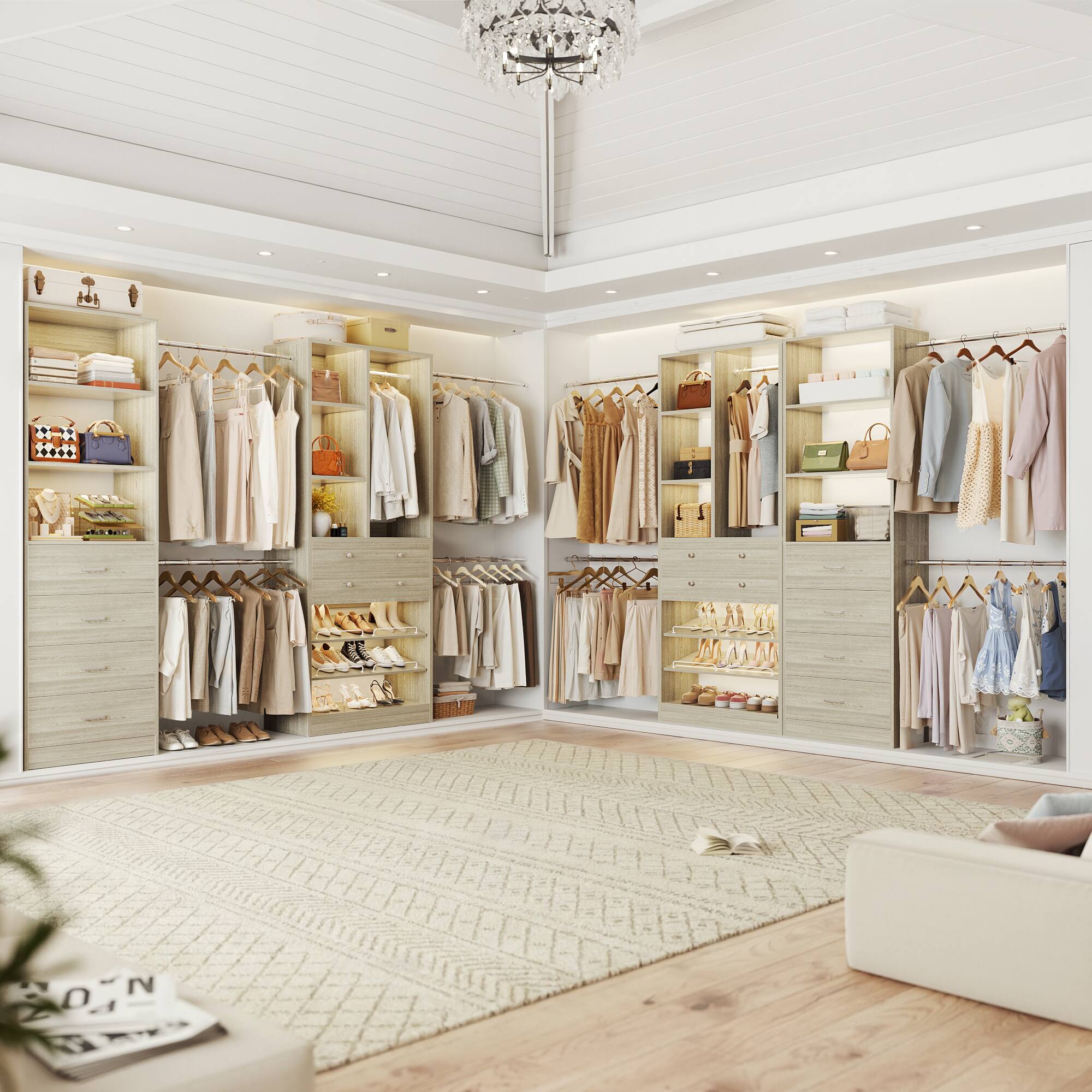 Alt View 3. Aheaplus - 49''-127'' Adjustable Closet Organizer System with 6 Drawers, 4 Hanging Rods, and Shelves - Beige Oak.