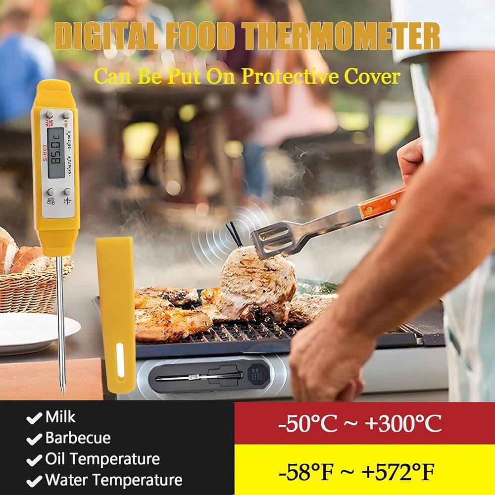 DIGITAL FOOD THERMOMETER  
Can Be Put On Protective Cover  

- Milk  
- Barbecue  
- Oil Temperature  
- Water Temperature  

-50°C ~ +300°C  
-58°F ~ +572°F