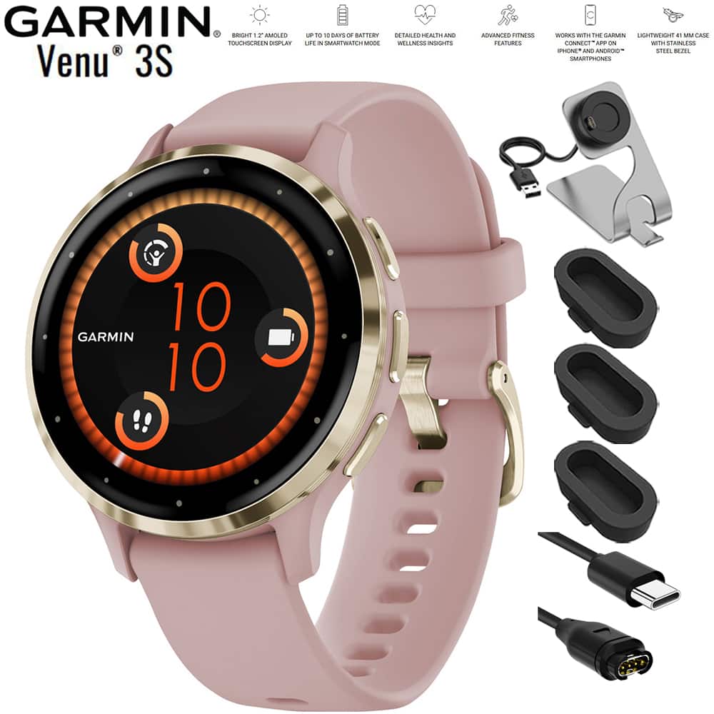 Garmin - Venu 3S Fitness GPS Smartwatch Gold with Rose Case 41mm + Charging Bundle - Stainless Steel and Dust Rose - (2023)