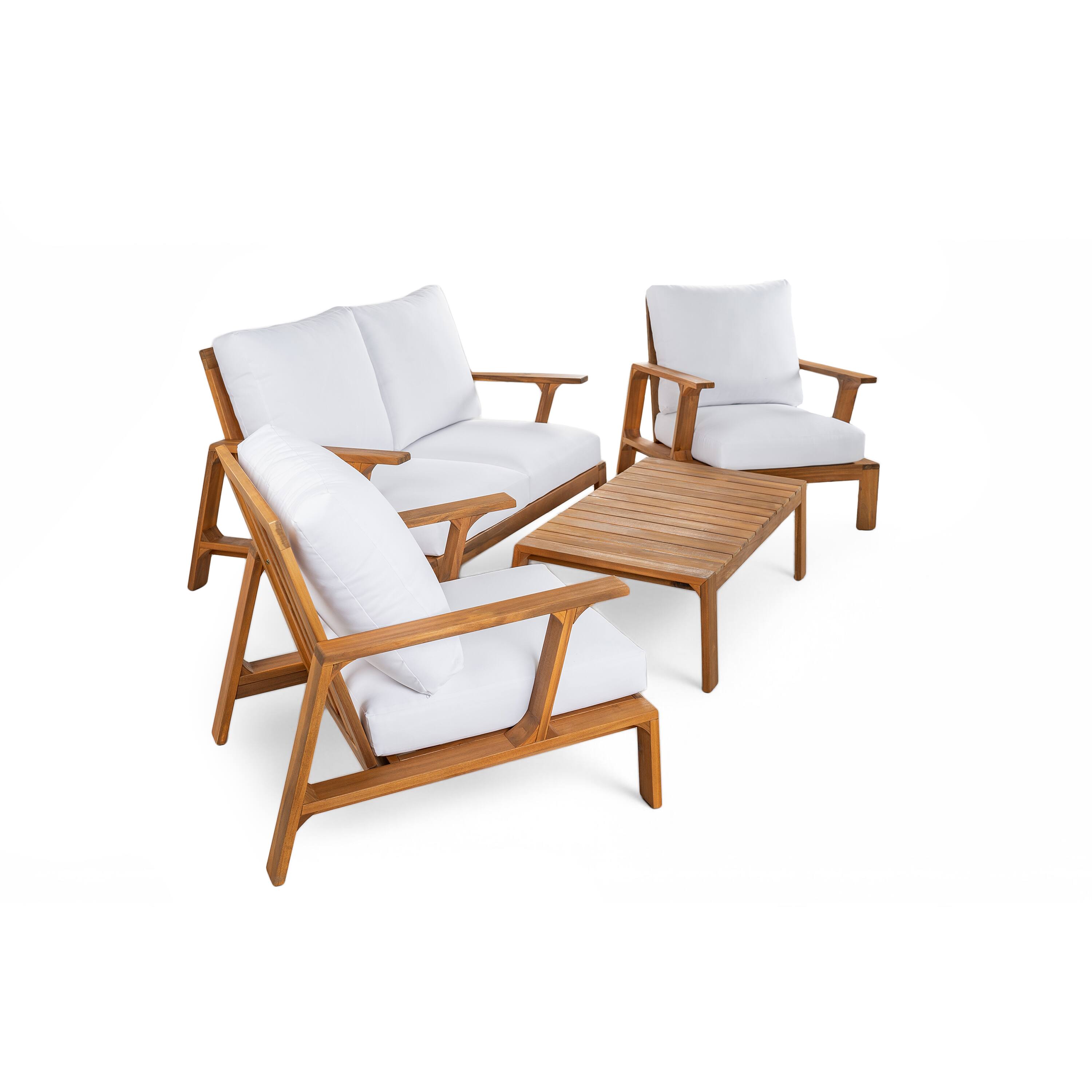 Alt View 6. Siljoy - 4-Piece 4-Seat Patio Conversation Set, Outdoor Sofa with Coffee Table, Teak Finish + White Cushions - Teak,White.