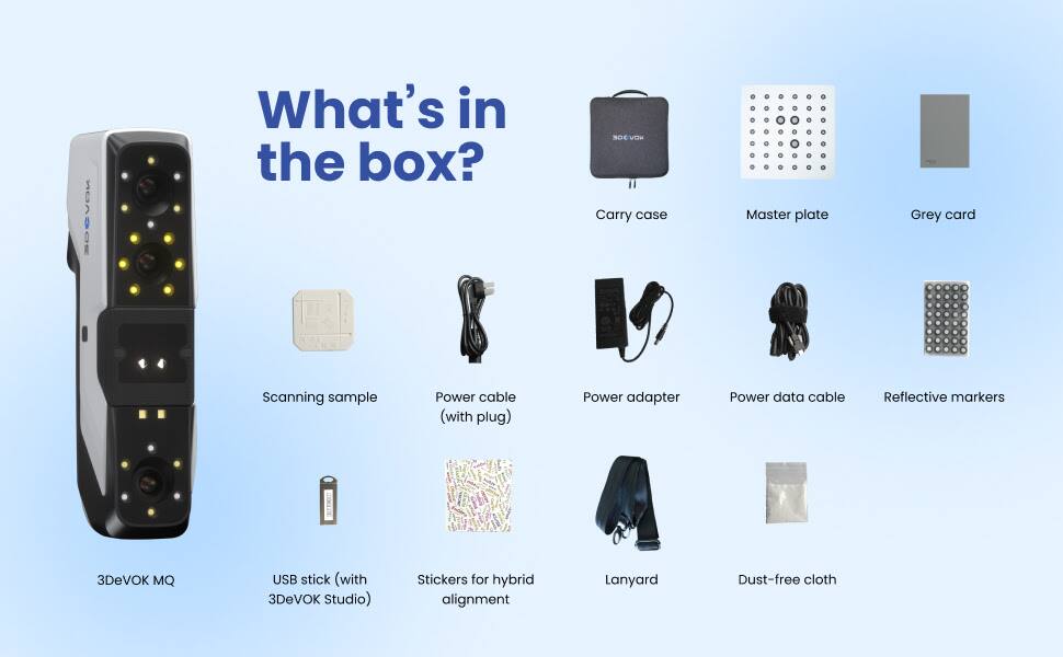 Ok What's in the box? 3DeVOK MQ, Carry case, Master plate, Grey card, Scanning sample, Power cable (with plug), Power adapter, Power data cable, Reflective markers, Stickers for hybrid alignment, Lanyard, Dust-free cloth, USB stick (with 3DeVOK Studio)