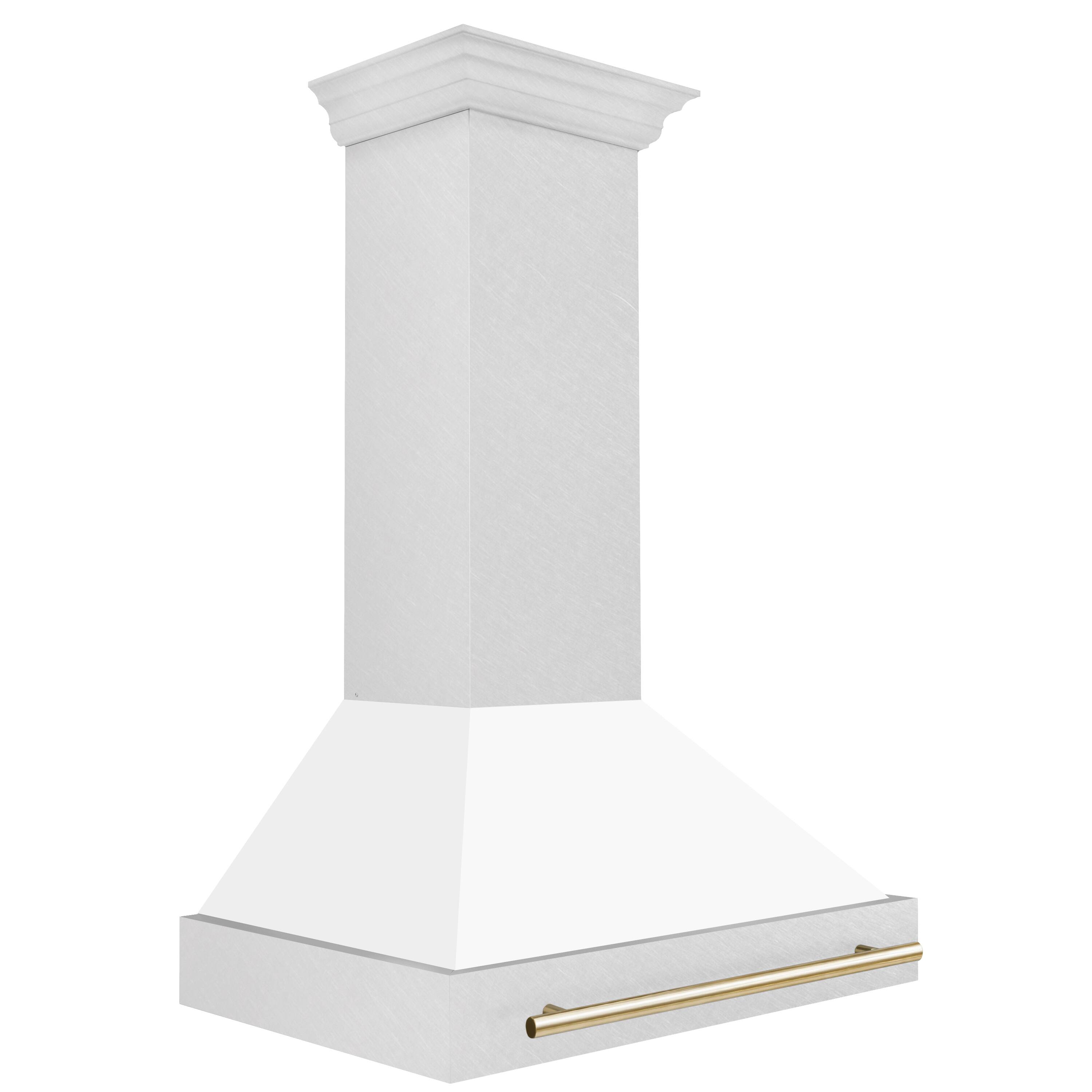 Angle. ZLINE - ZLINE Autograph 36 in. Satin Stainless Steel Wall Mount Range Hood with White Matte Shell and Polished Gold Handle - Satin Stainless Steel with White Matte Shell.