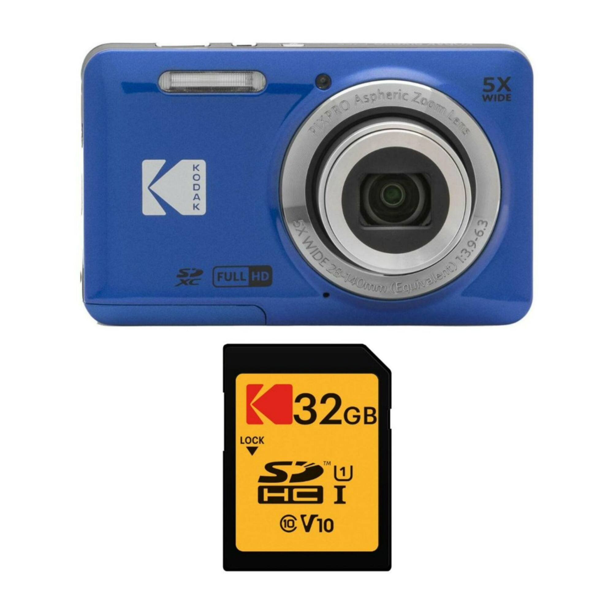 The image features a blue Kodak camera with a 32GB memory card. The camera has a 5X Aspheric Zoom and is capable of Full HD recording. The memory card is designed for the Kodak Pixpro camera and is compatible with the camera's lock feature.