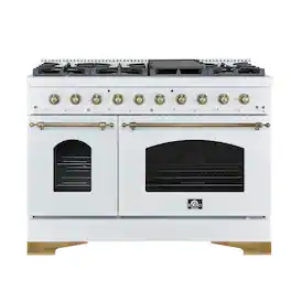 Forno Appliances - Antico 5.5 Cu. Ft. Freestanding Double Oven Dual Fuel Convection Range with Antique Brass Accents - White