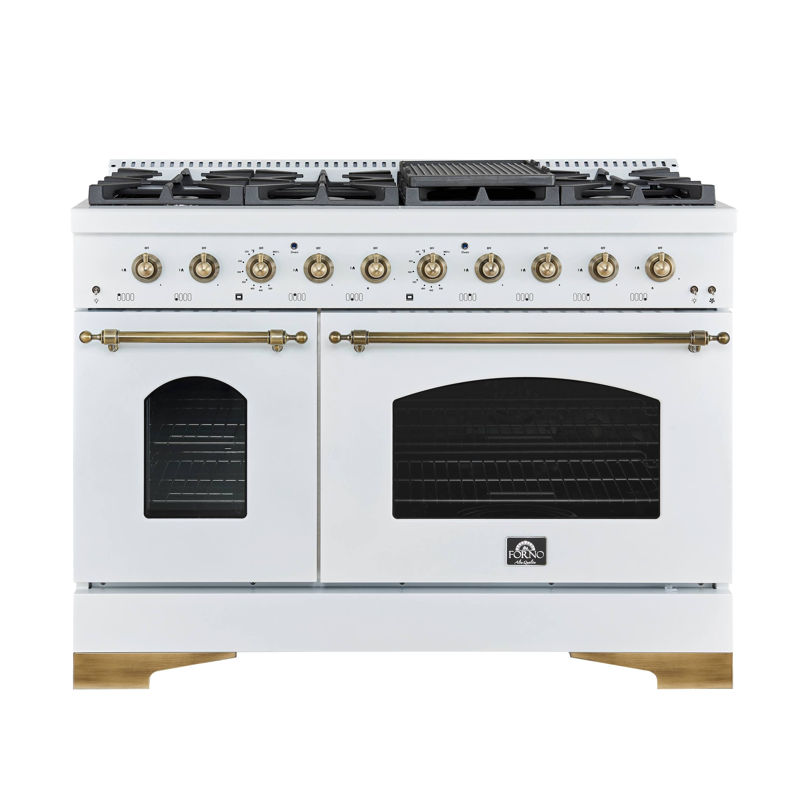 Forno Appliances - Antico 5.5 Cu. Ft. Freestanding Double Oven Dual Fuel Convection Range with Antique Brass Accents - White
