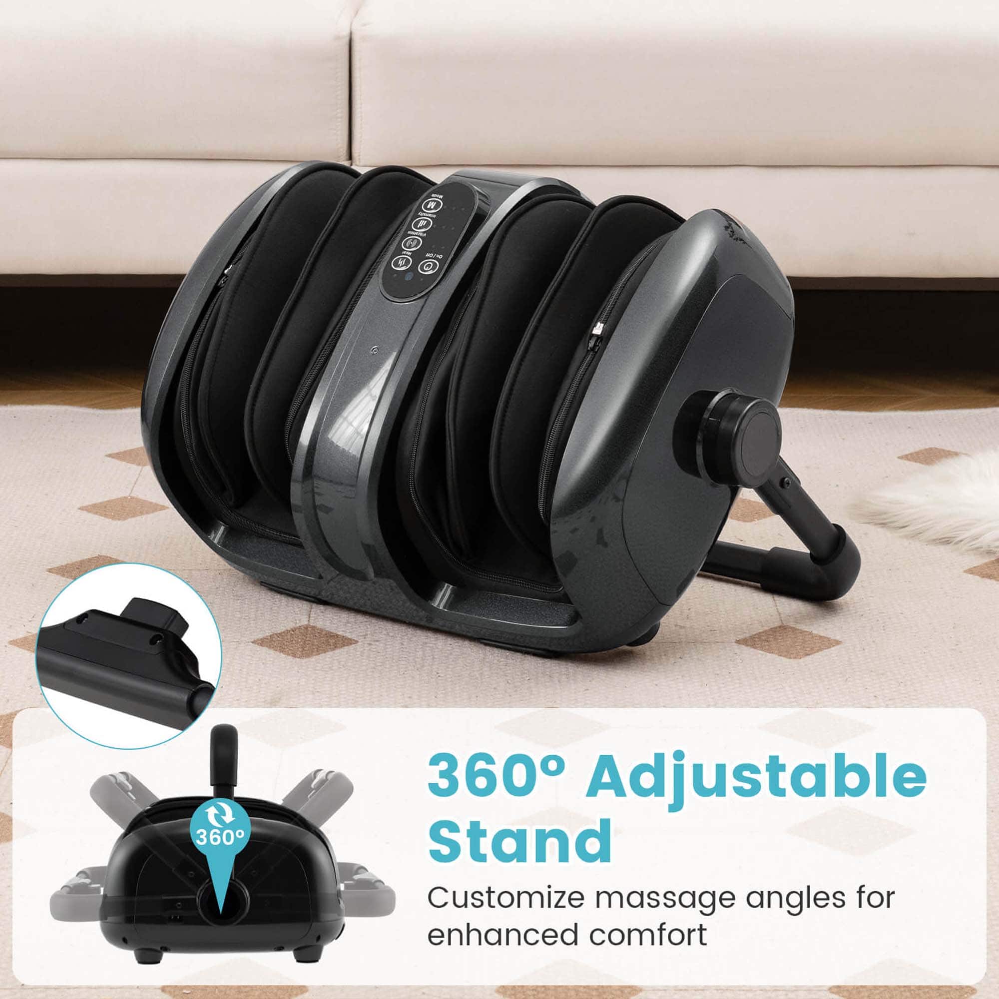 The text on the image reads: "360° Adjustable Stand Customize massage angles for enhanced comfort."
