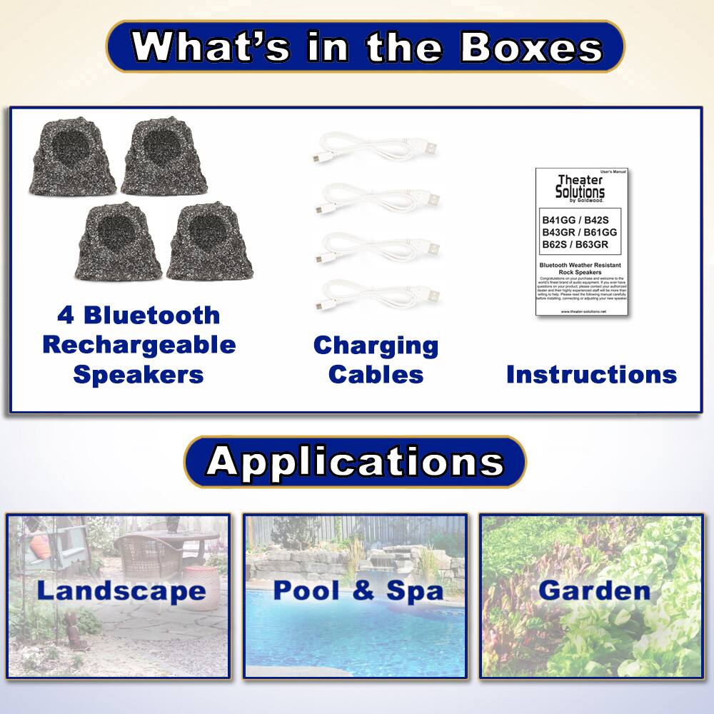 What's in the Boxes

- 4 Bluetooth Rechargeable Speakers
- Charging Cables
- Instructions

Applications

- Landscape
- Pool & Spa
- Garden

Theater Solutions  
B41GG / B42S / B43GR / B61GG / B62S / B63GR  
Bluetooth Weather Resistant Rock Speakers