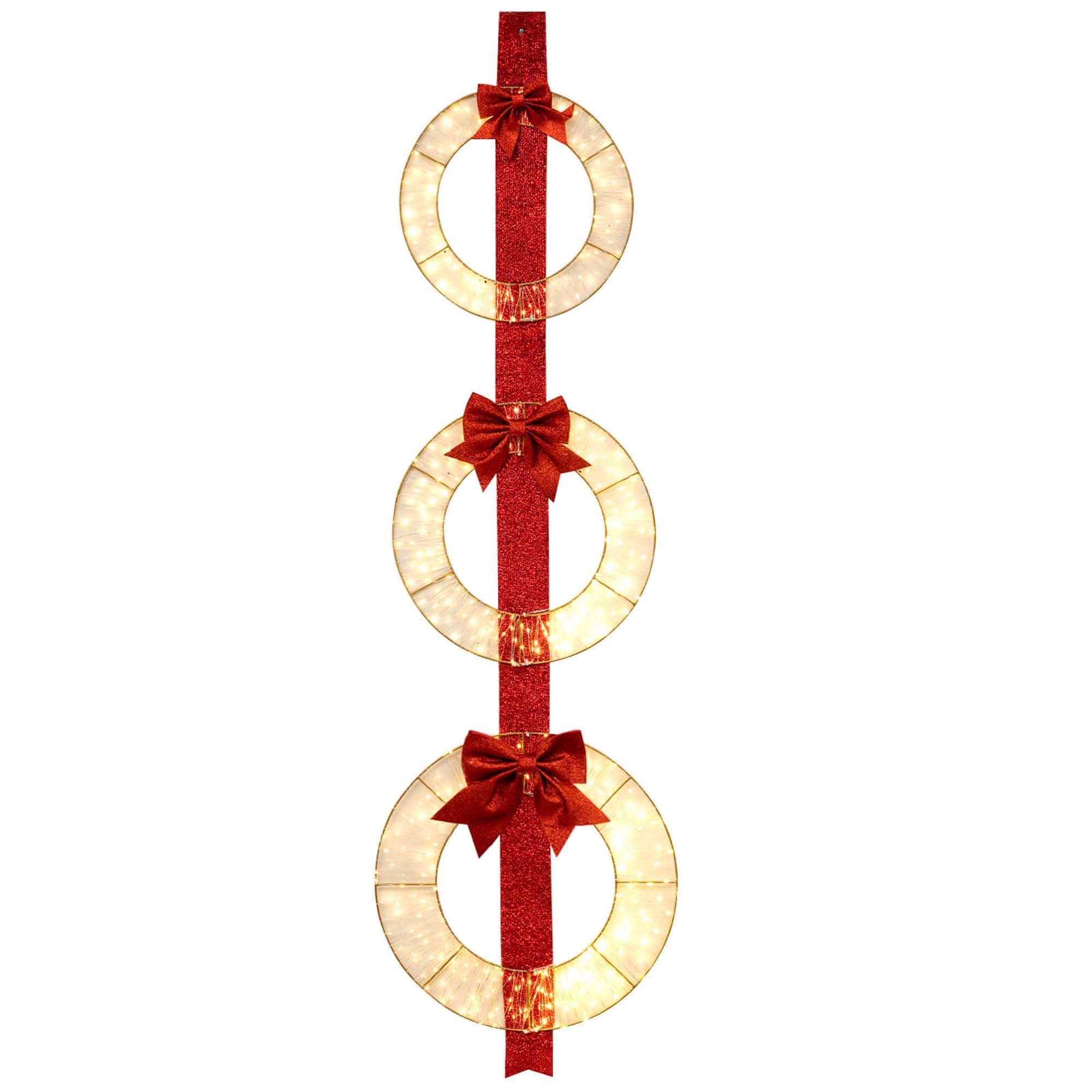 Costway - Set of 3 Pre-Lit Wreaths with 450 LED Lights Bows & Hanging Hook for Doors Advent Calendar - Red