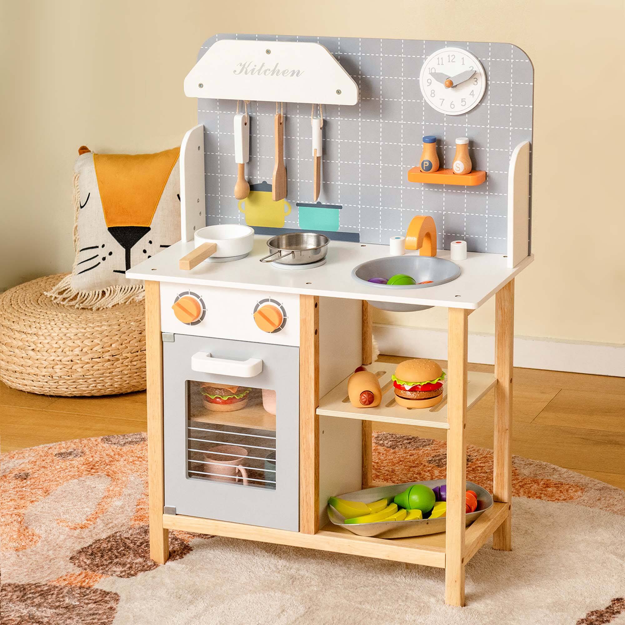 Alt View 1. Costway - Costway Wooden Kid's Play Kitchen Set Pretend Chef Cooking Toy with Cookware Accessories - Multicolor.