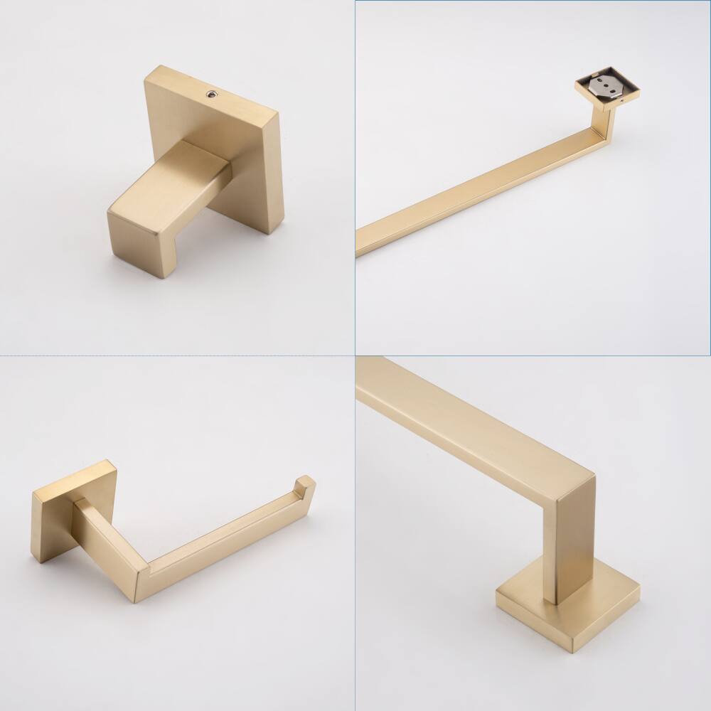 Alt View 2. JUJABU - 5-Piece Bathroom Set Towel Bar + Ring + Hooks + TP Holder, Brushed Gold - Brushed Gold.