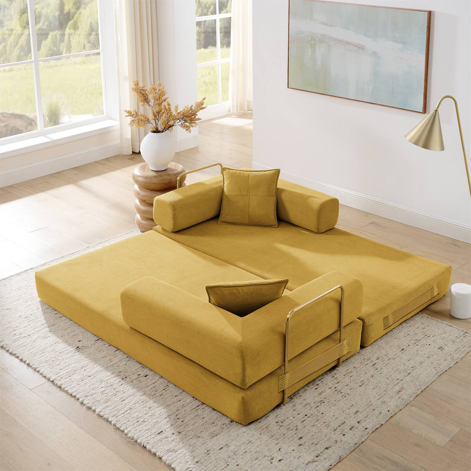 Left. Trinkets Crazed - 4-In-1 Free Combination Loveseat Convertible Sleeper Sofa Bed Floding Futon Couch Corduroy Modular Sofa Couch - Yellow.