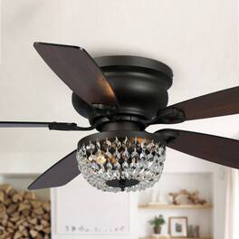Parrot Uncle - 48" Bronze Wooden 5-Blade Crystal Flush Mount Ceiling Fan with Remote - Black