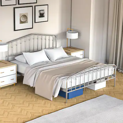 Front. Gymax - Gymax Queen Size Metal Bed Frame Platform Headboard & Footboard W/Storage Sliver - Silver.