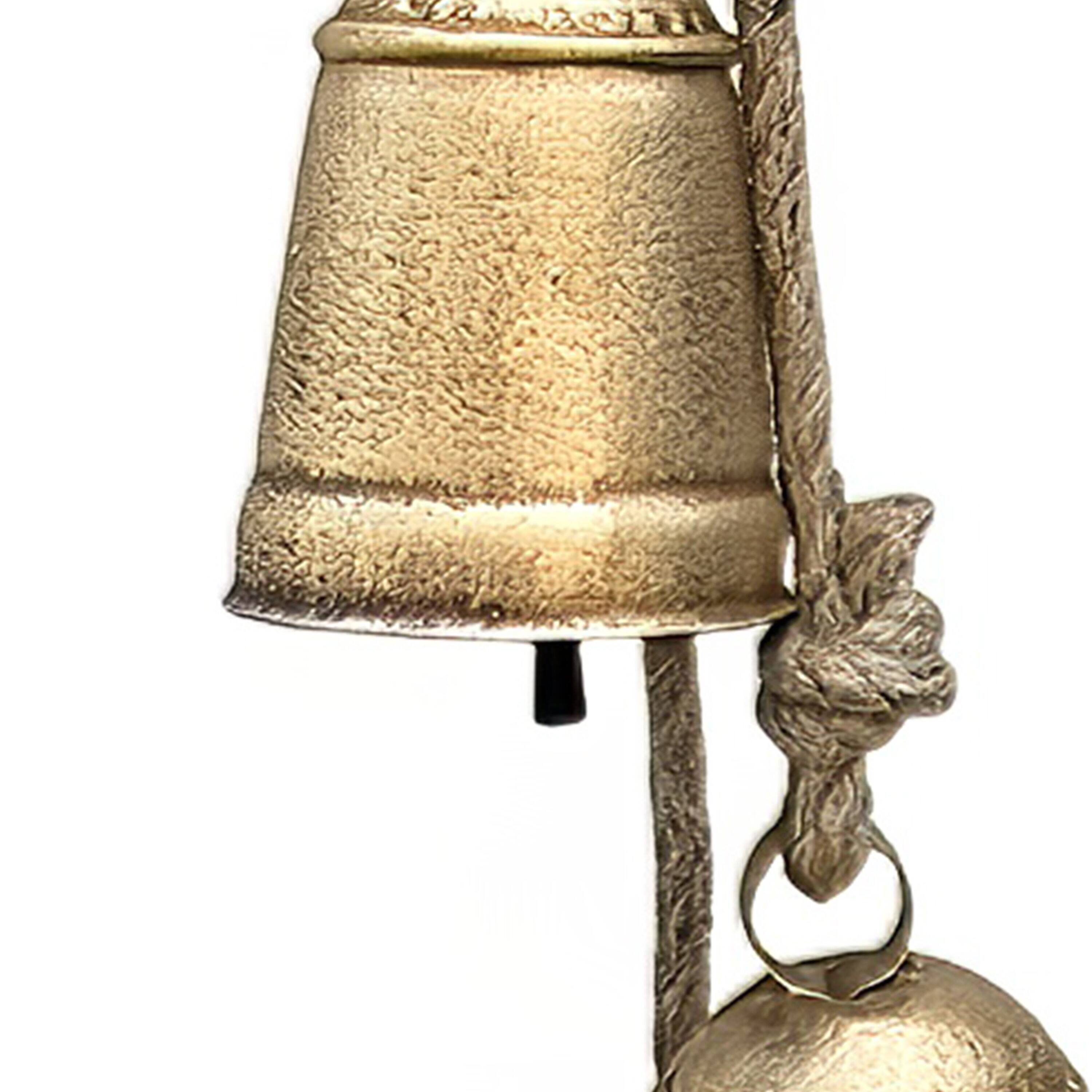 Alt View 1. Manhattan Lane - Zema Rustic Iron Hanging Bells Wall Decor, Cylindrical Cowbell on 28 Inch Jute Rope - Gold.