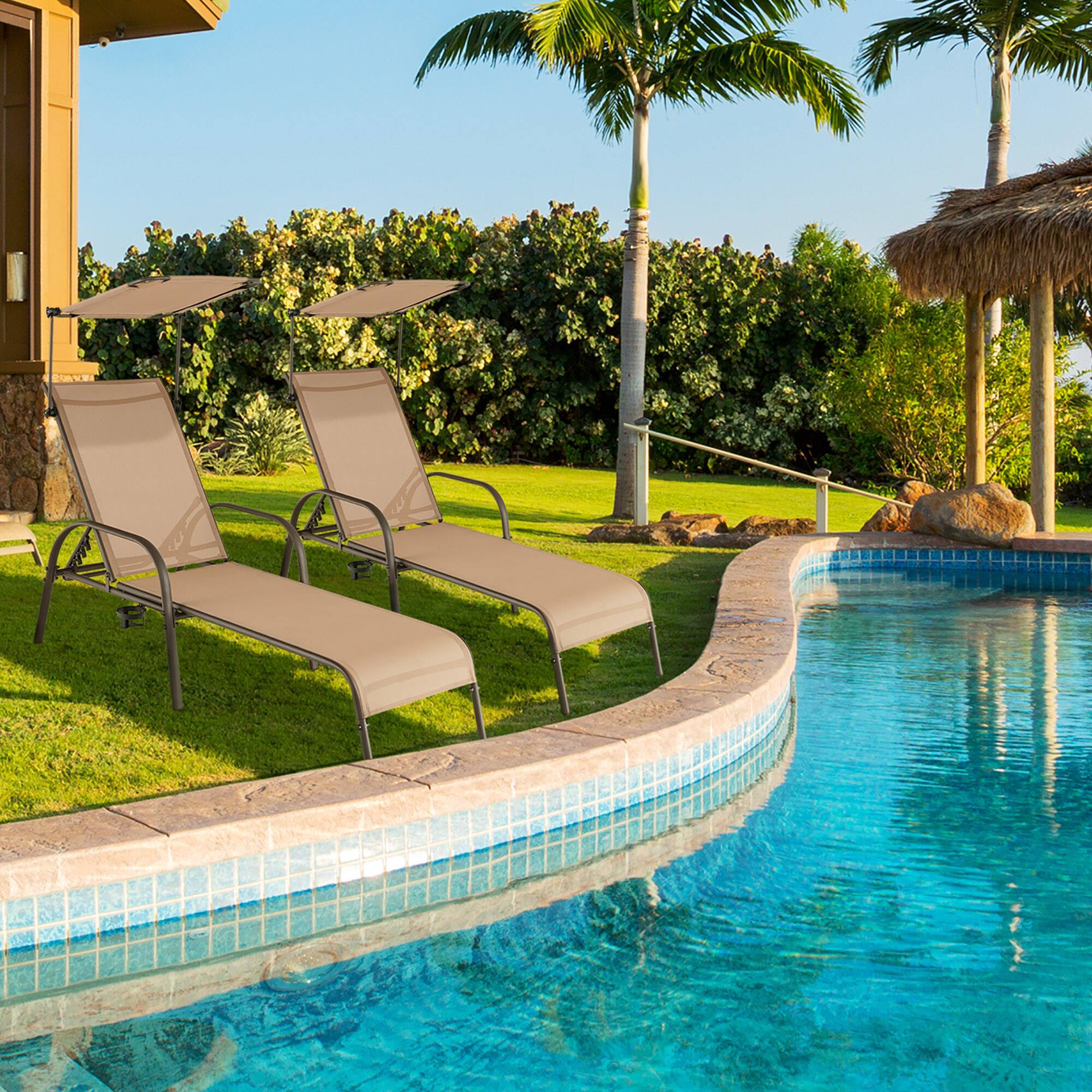 Alt View 3. Costway - Costway Patio Heavy-Duty Chaise Lounge 5-Level Adjustable Outdoor Recliner Canopy Cup - Brown.