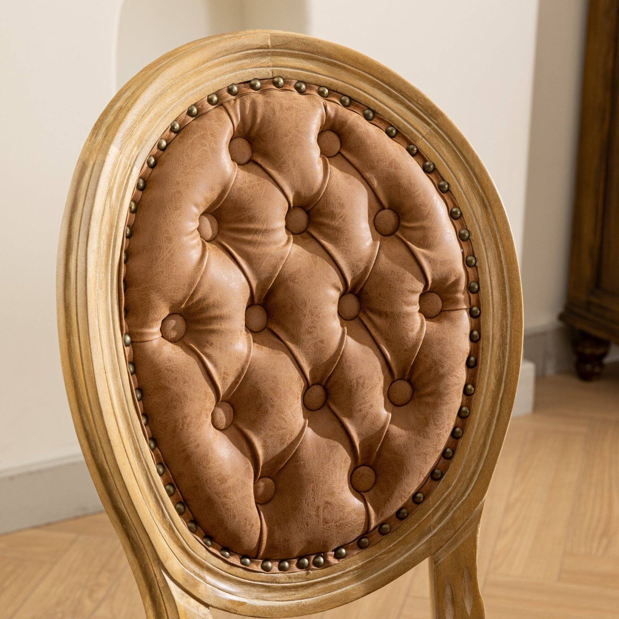 Alt View 5. GOODSILO - French Style Solid Wood Frame Antique Dining Chairs with Hand-Pulled Buckle Decoration and Nailhead Trim, Set of 2 - Orange.