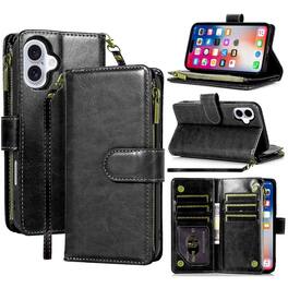 Equipd - Phone Case for iPhone 16 6.1", Luxury Wallet Card ID Zipper Money Holder Cover - Black