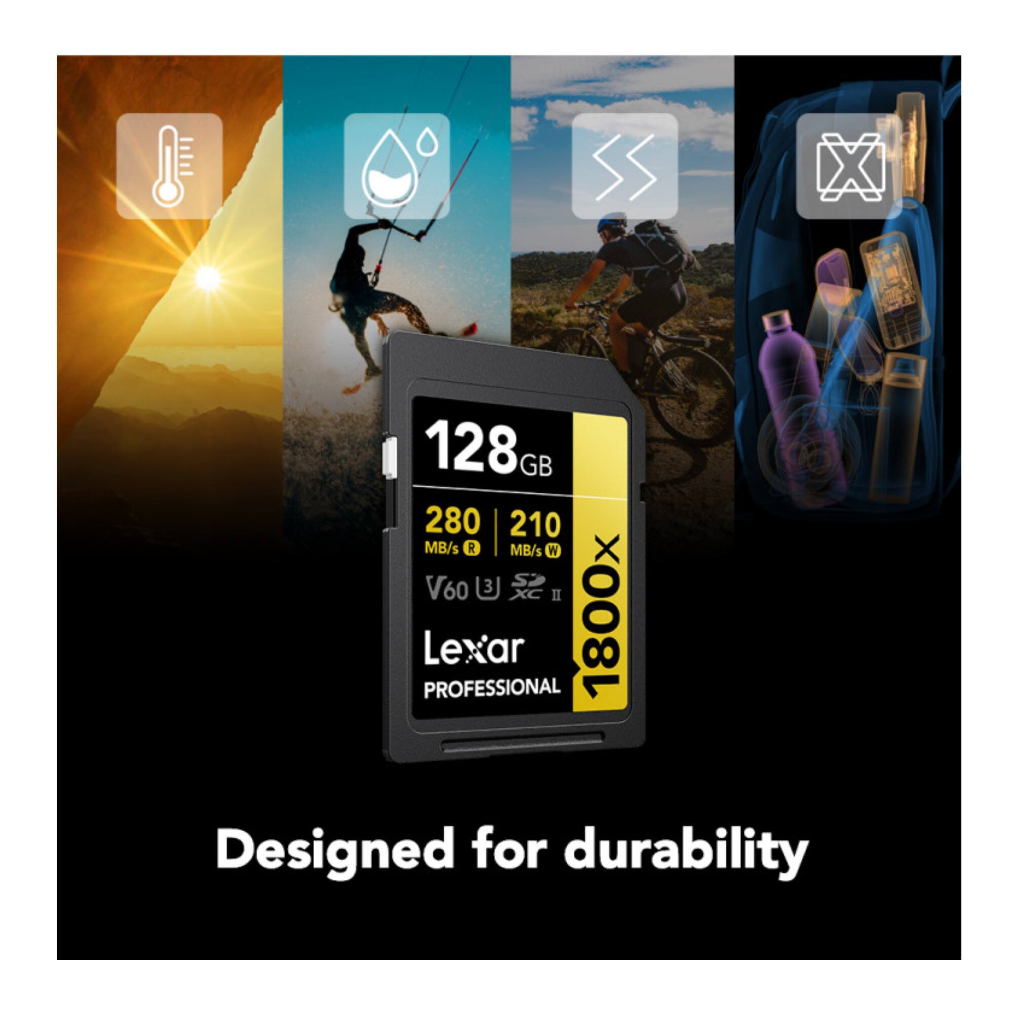 S 128GB 280 | 210 MB/s R MB/s W V60 II PROFESSIONAL Lexar 1800x Designed for durability