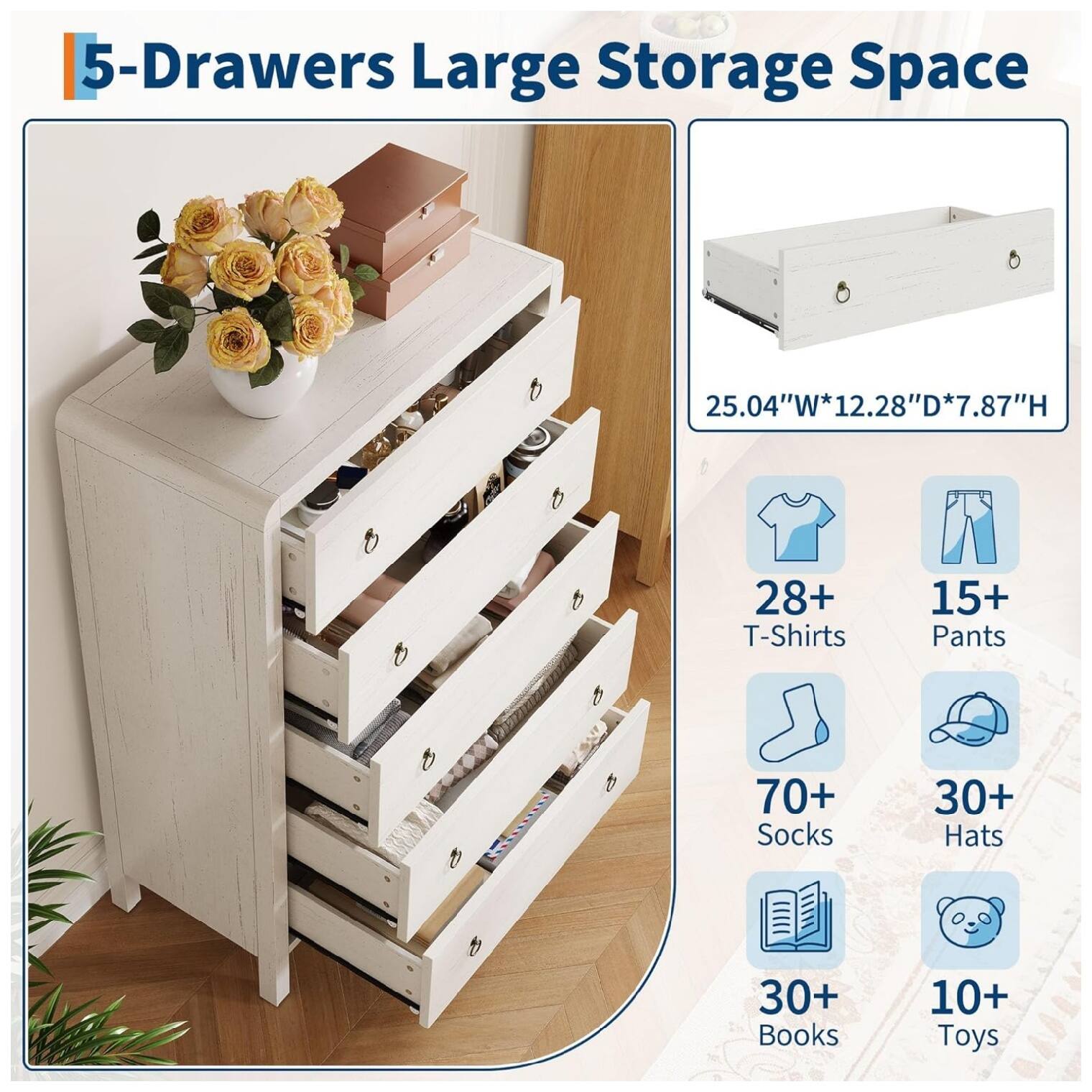 5-Drawers Large Storage Space  
25.04"W*12.28"D*7.87"H  

28+ T-Shirts  
15+ Pants  
70+ Socks  
30+ Hats  
30+ Books  
10+ Toys