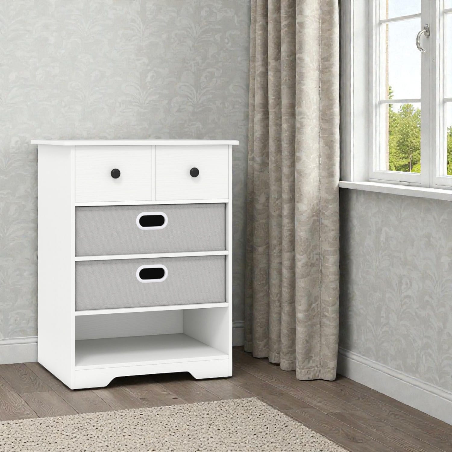 Hivvago - Modern 4-Drawer Chest with Open Storage Shelves - White + Grey