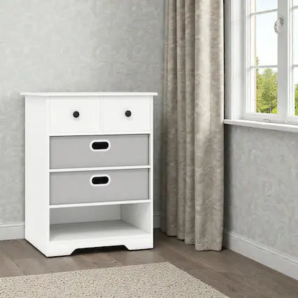 Front. Hivvago - Modern 4-Drawer Chest with Open Storage Shelves - White + Grey.