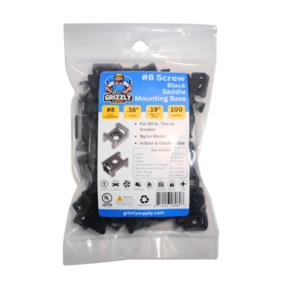 #8 Screw Black Saddle Mounting Base, 100 pieces, 0.38" x 1.19", for 50 lb. Ties or Smaller Nylon Material, Indoor & Outdoor Use. Specifications: Length 0.38", Thread 0.19", Material: Steel, Mounted with Enough Strength. UL Listed, 05-CTMB-0C. grizzlysupply.com